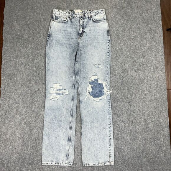 Free People Denim - Free People Jeans Womens Size 32  Blue Acid Wash 80's Straight distressed patch